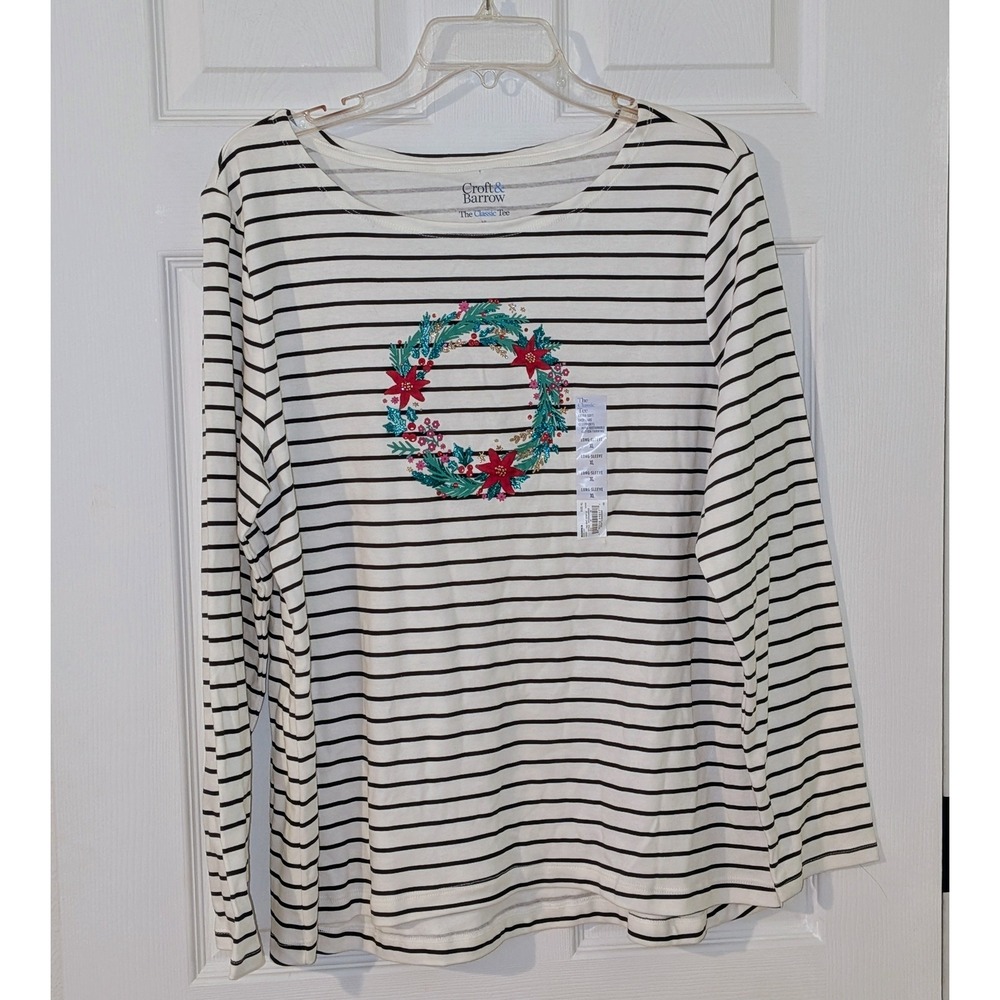 Croft &‎ Barrow XL The Classic Tee Stripe Wreath Holiday Long Sleeve Shirt NWT